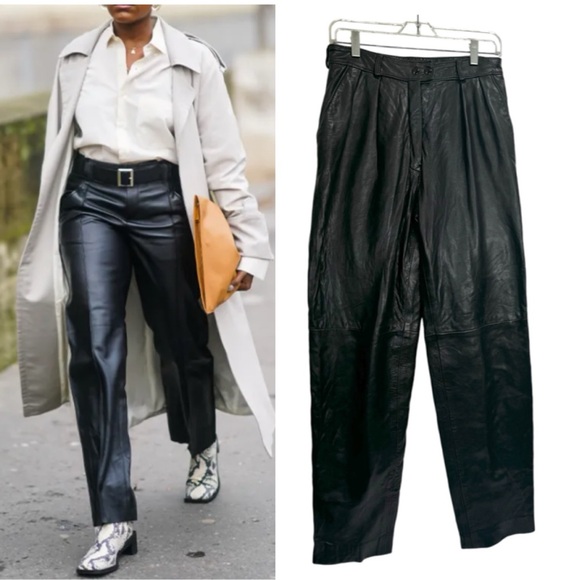 Harry Rosen Vintage 90s Leather Straight Leg Pants Soft Pockets Zip Minimalist - Picture 1 of 16